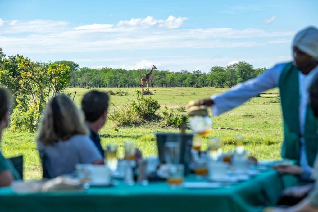 A photo of a giraffe passing by as tourists are having breakfast in the park