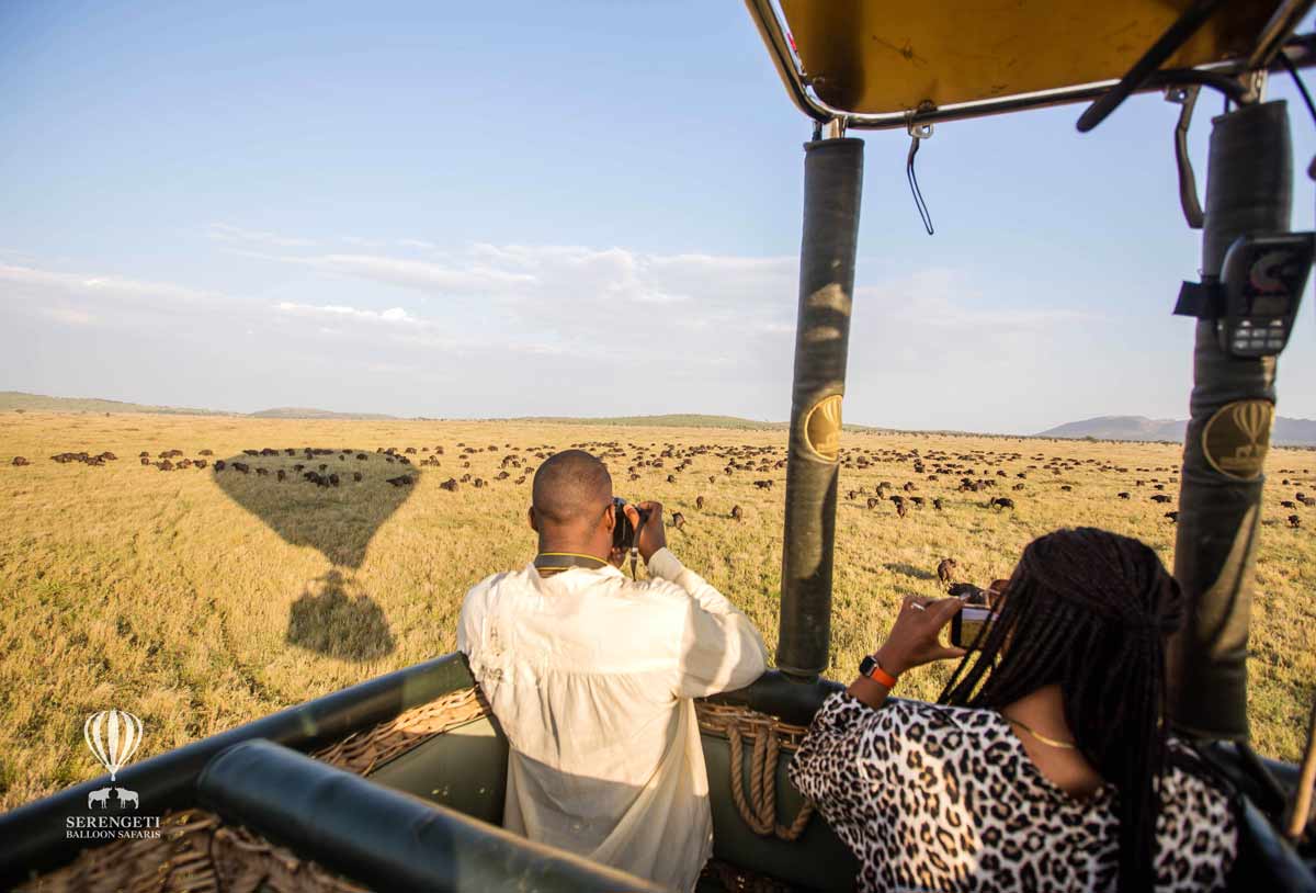 Tourists inside a balloon photographing a pack of Wildebeest underneath